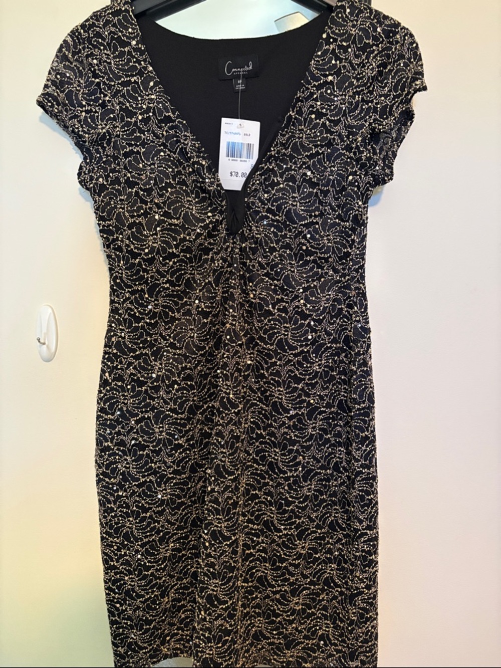 Connected Apparel Black Midi Dress with Gold Lace Overlay